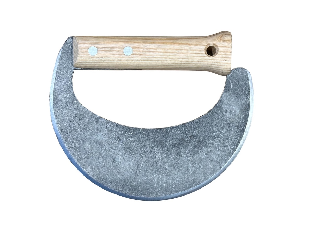 Sod cutting knife, half moon shaped with oval handgrip